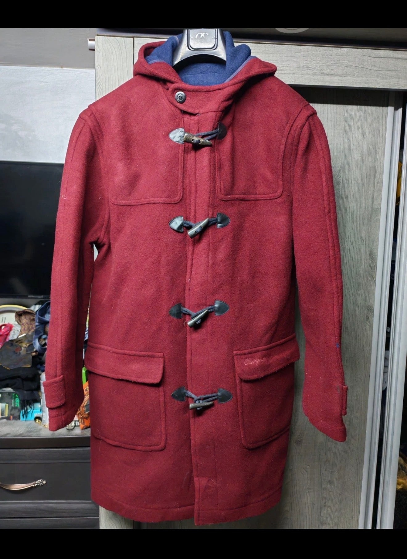 Vintage wool blend classic burgundy hood toggle Duffle coat 50R 50L 2XL