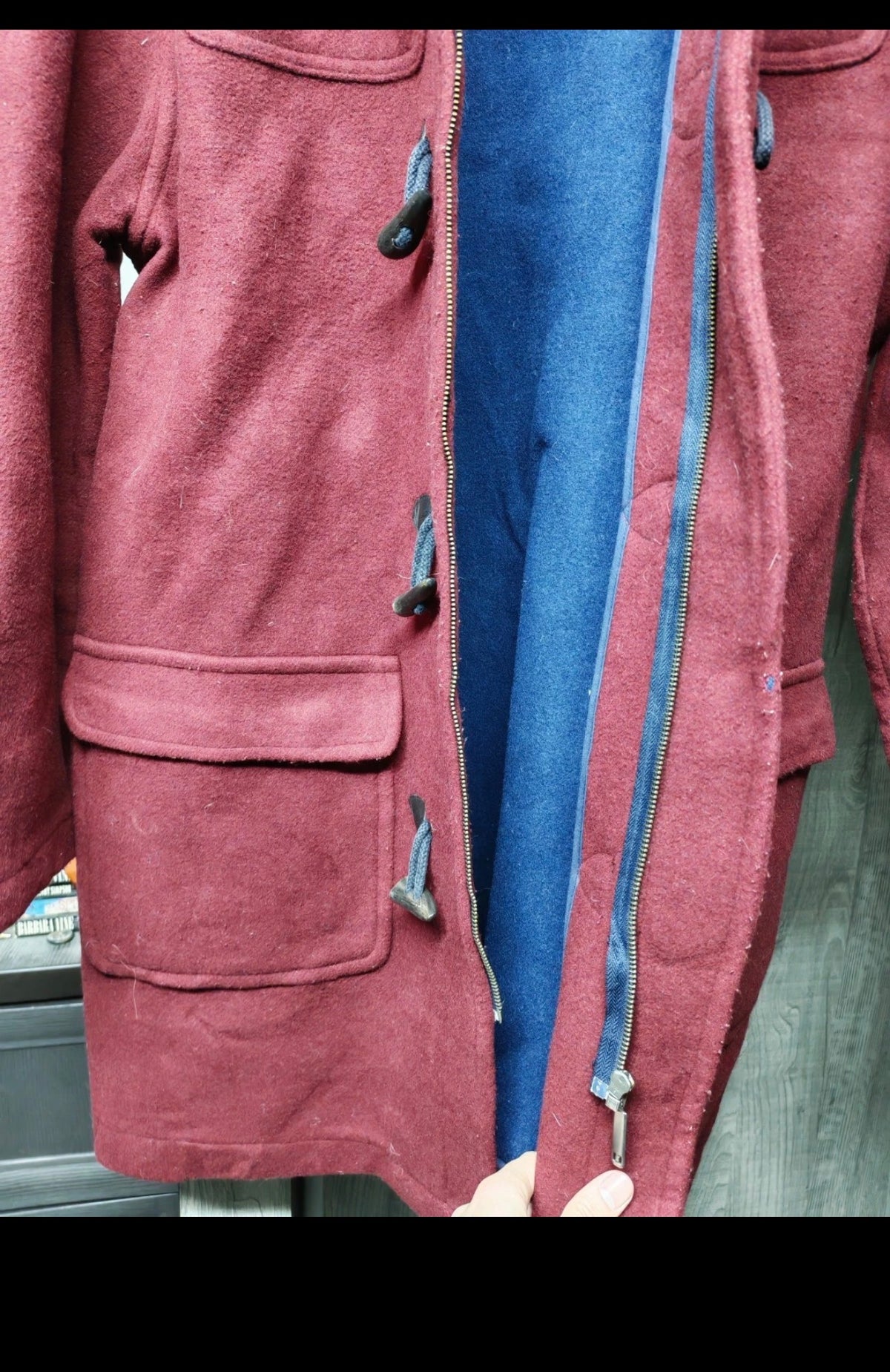 Vintage wool blend classic burgundy hood toggle Duffle coat 50R 50L 2XL