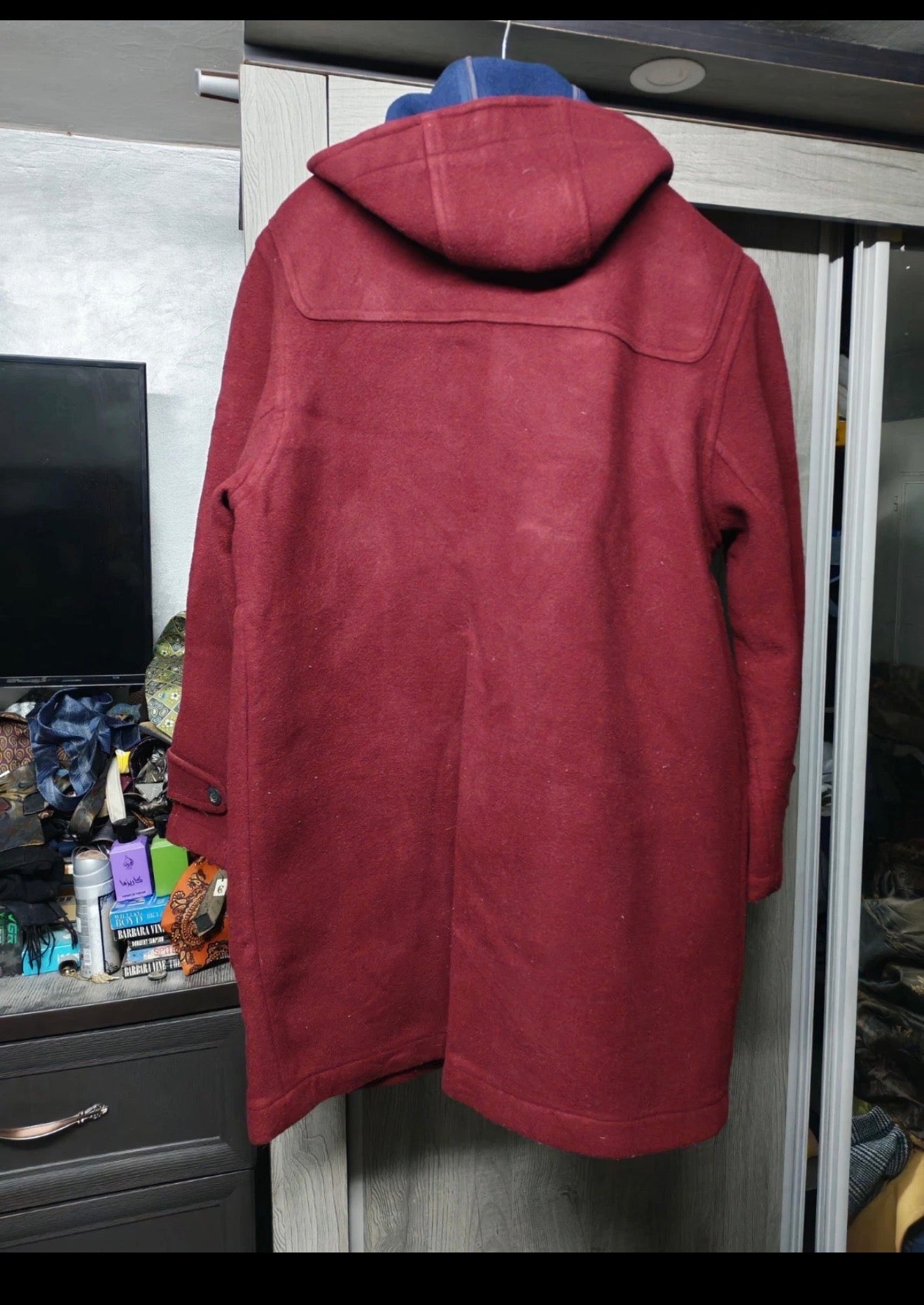 Vintage wool blend classic burgundy hood toggle Duffle coat 50R 50L 2XL