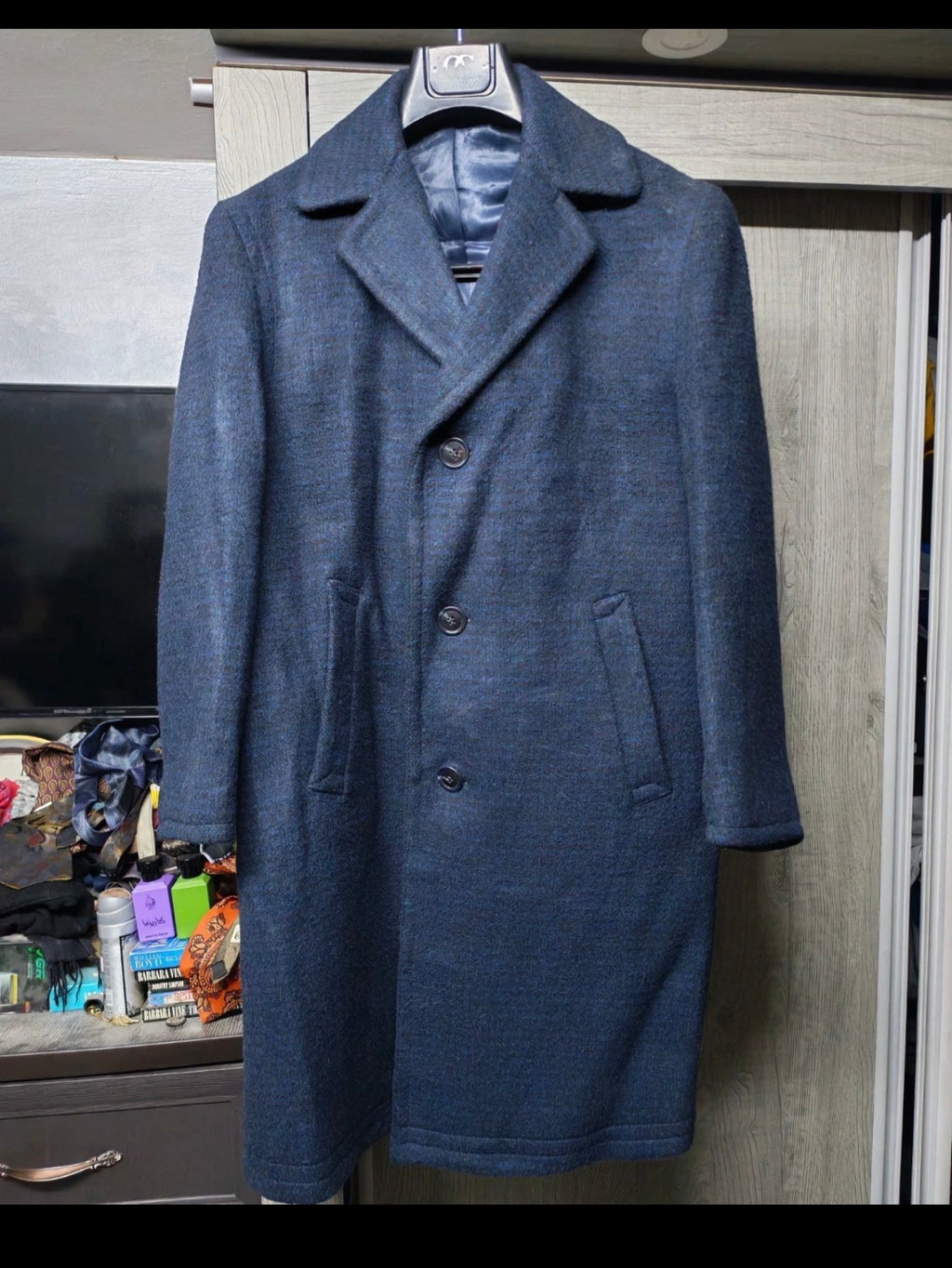 1970s vintage pure wool tweed camouflage blue classic over coat 42R 42S