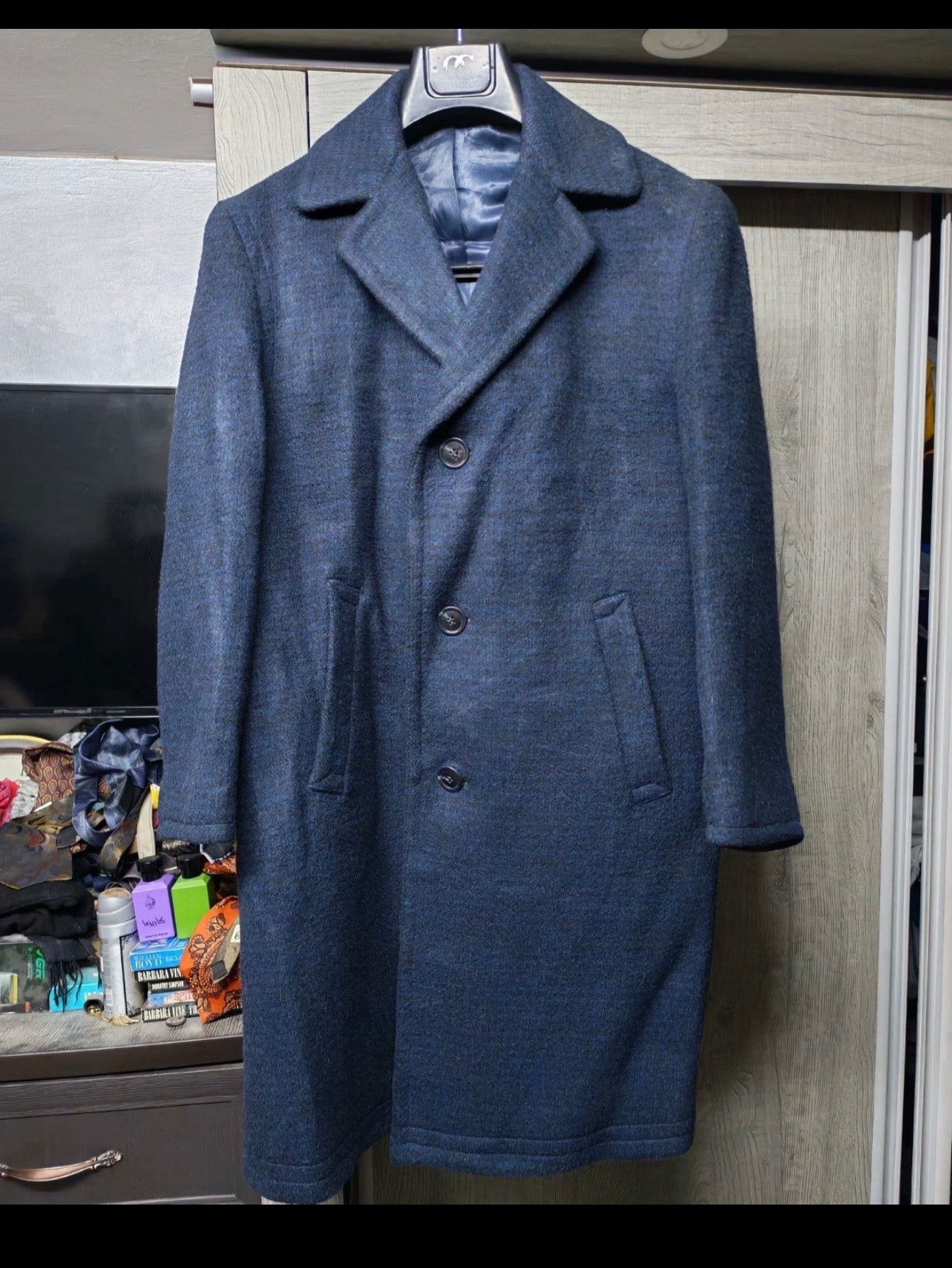 1970s vintage pure wool tweed camouflage blue classic over coat 42R 42S