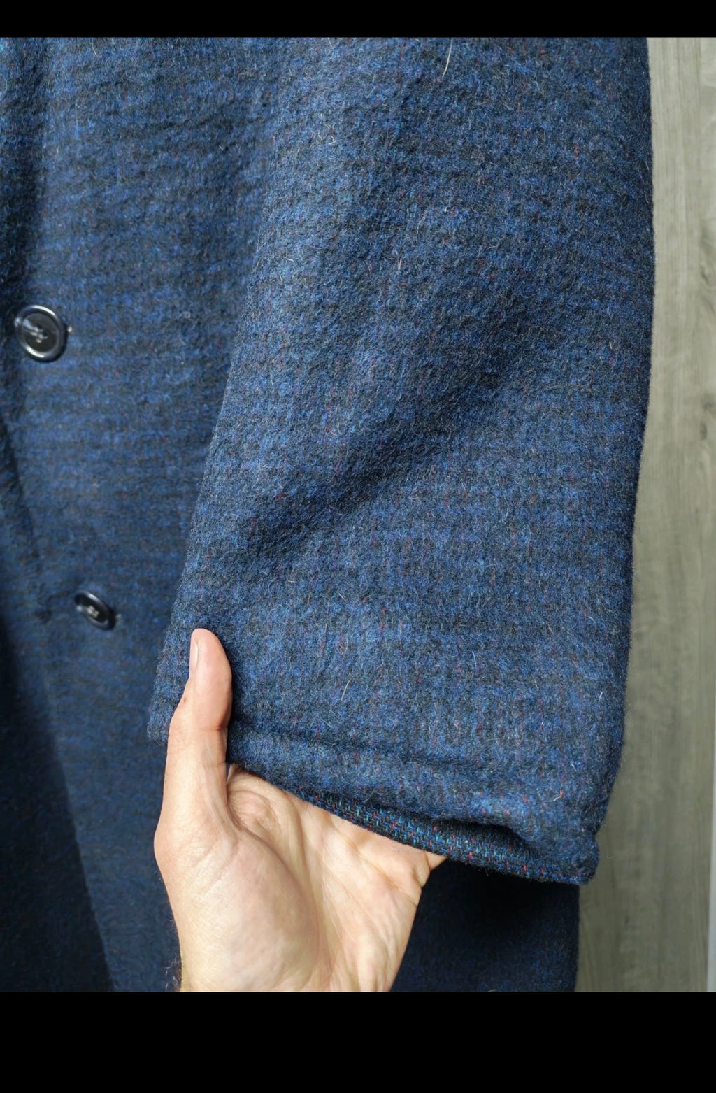 1970s vintage pure wool tweed camouflage blue classic over coat 42R 42S