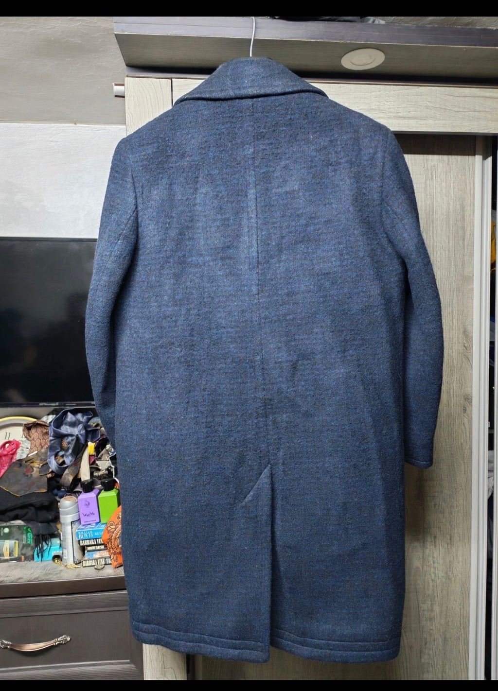 1970s vintage pure wool tweed camouflage blue classic over coat 42R 42S