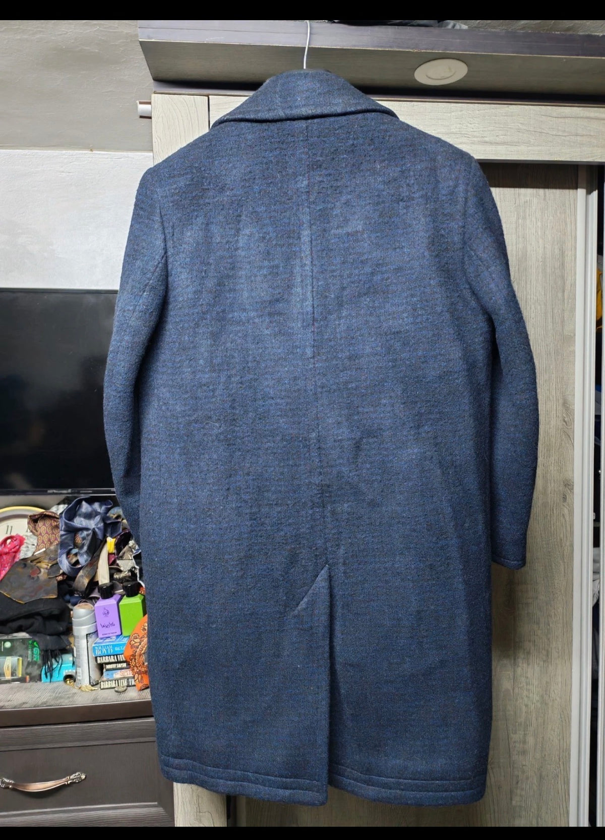 1970s vintage pure wool tweed camouflage blue classic over coat 42R 42S