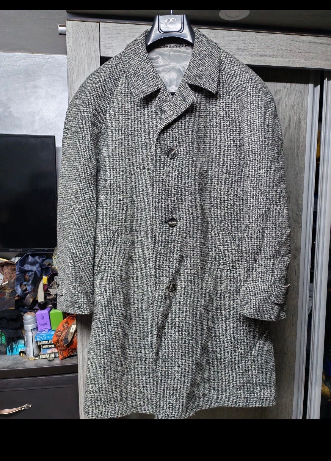 1970s vintage pure wool handwoven tweed camouflage raglan gray over coat 48R XL