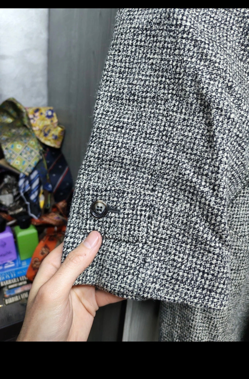 1970s vintage pure wool handwoven tweed camouflage raglan gray over coat 48R XL