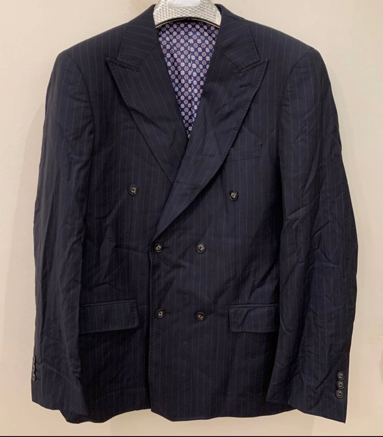 Classic Super 120s merino wool striped navy suit jacket blazer 42L