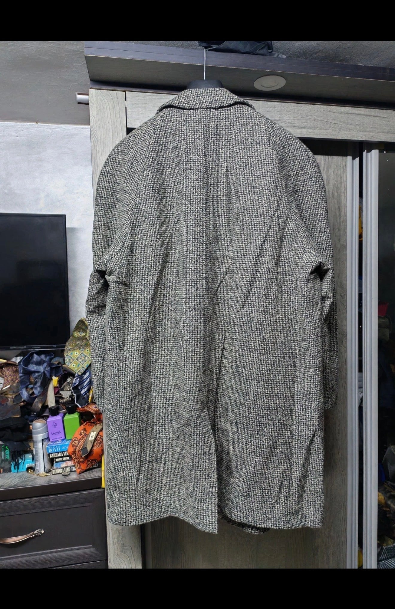 1970s vintage pure wool handwoven tweed camouflage raglan gray over coat 48R XL