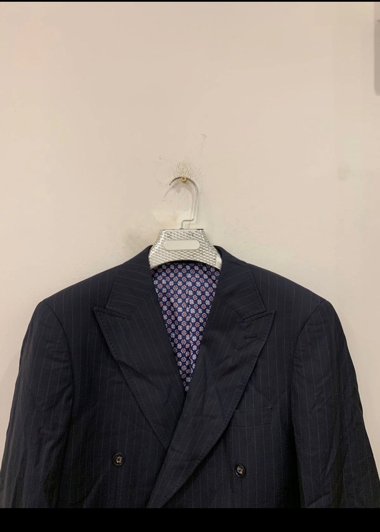 Classic Super 120s merino wool striped navy suit jacket blazer 42L