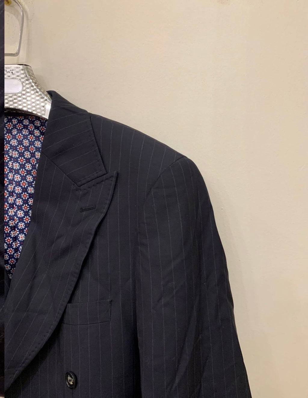 Classic Super 120s merino wool striped navy suit jacket blazer 42L