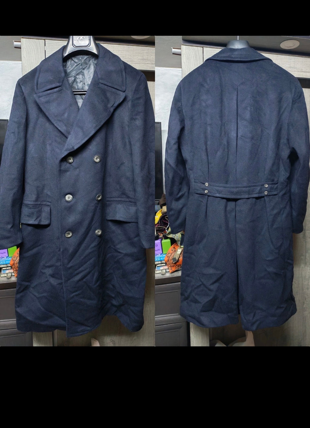 1970s vintage pure wool double breasted belted navy USA union made over coat 42R