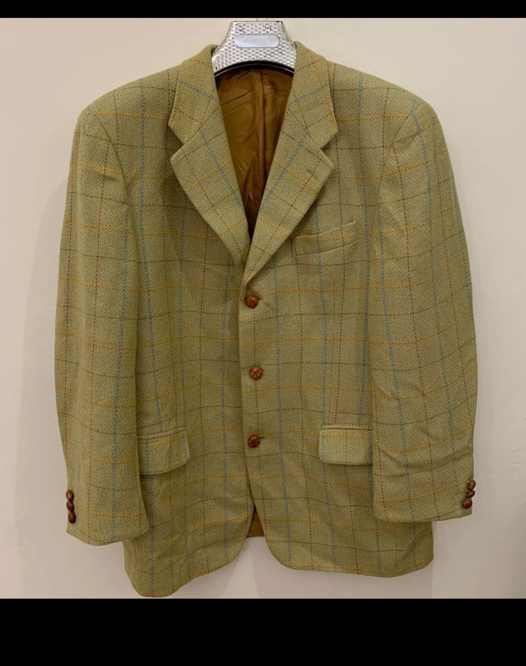 Vintage pure wool tweed Windowpane classic green hunting jacket blazer 42R