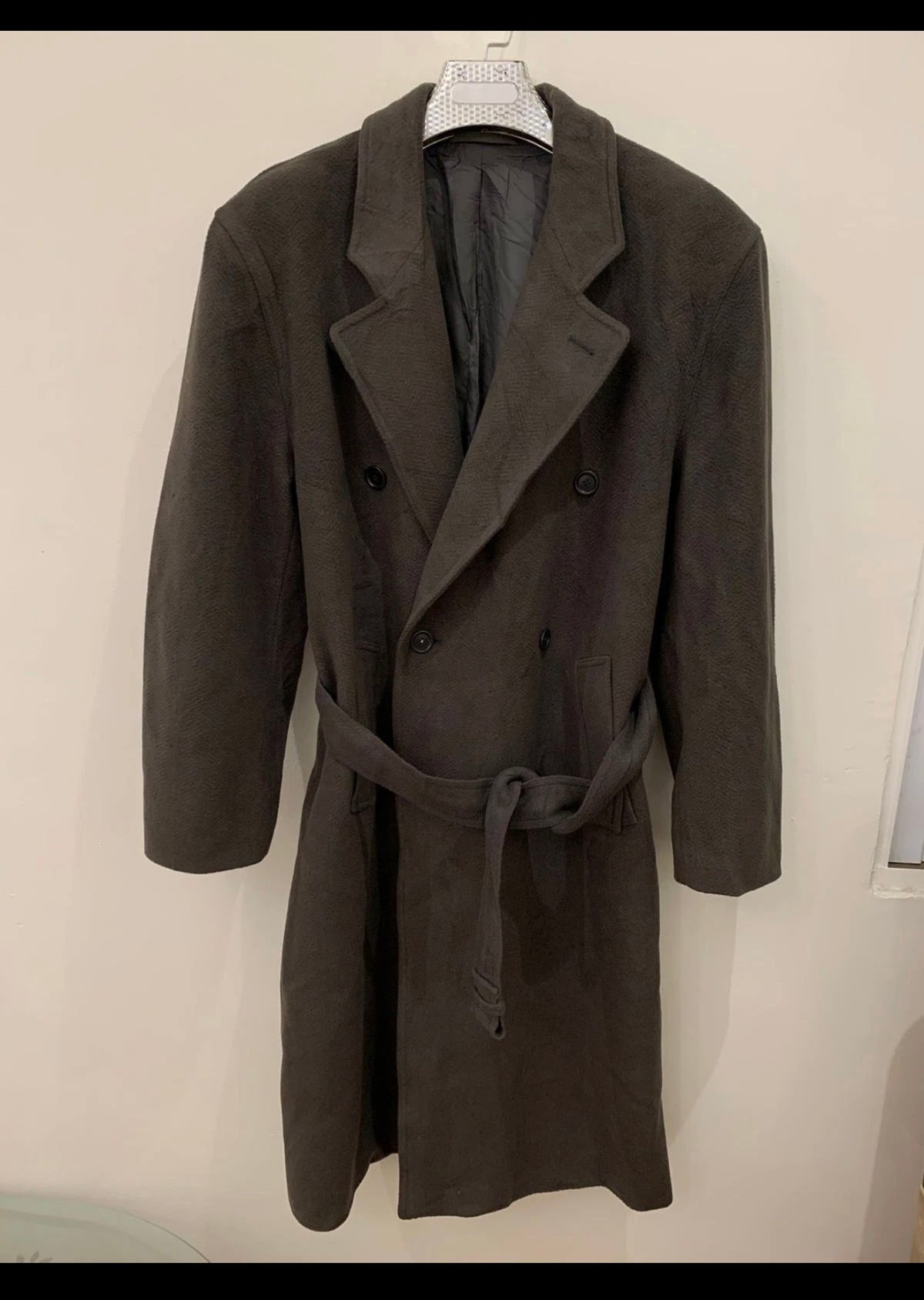 Vintage pure wool brown belted double breasted classic over coat 46R XL