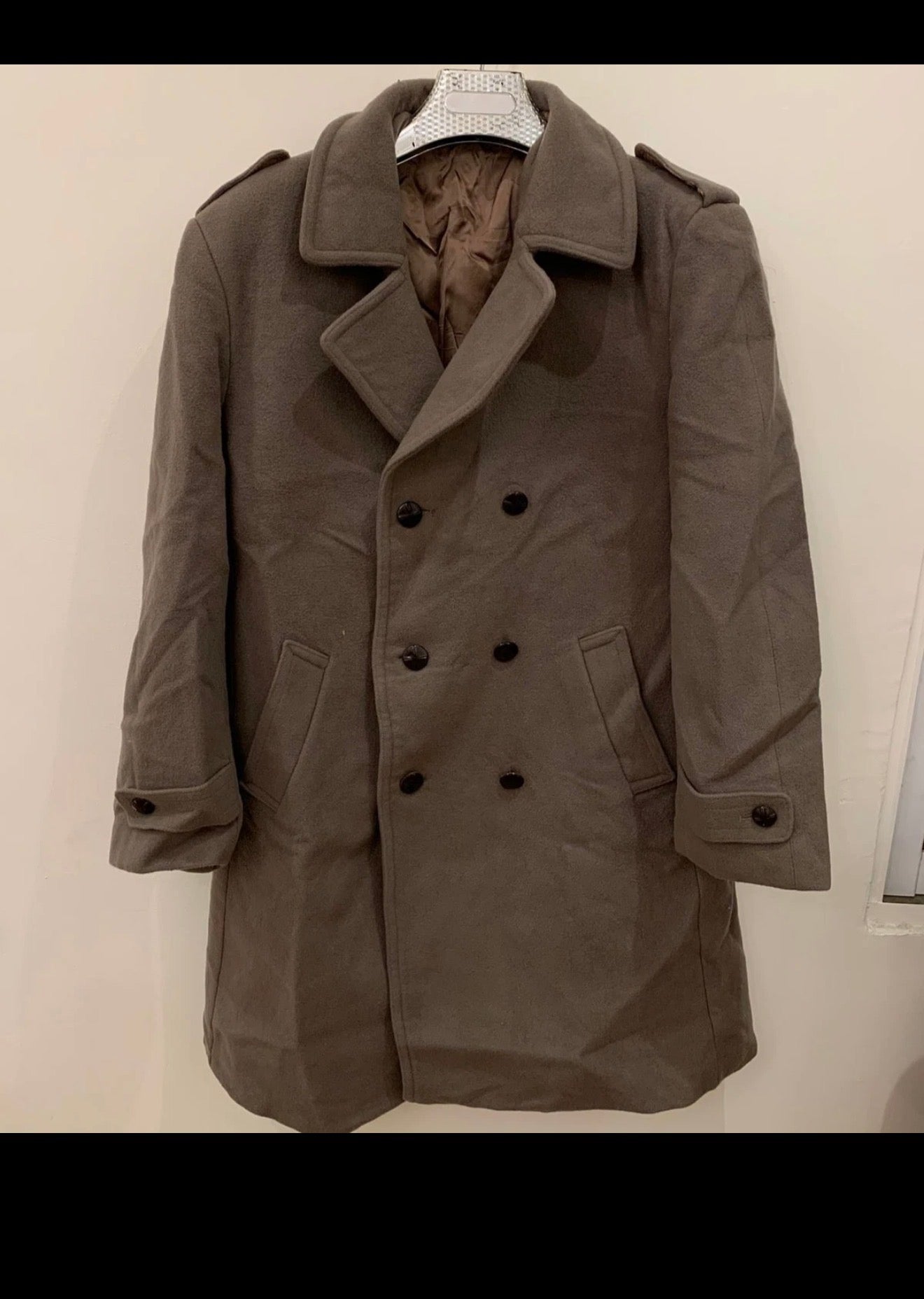 Vintage pure wool classic brown double breasted belted pea over coat 44R