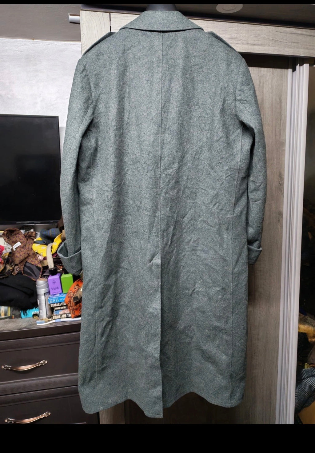 Vintage Swiss Army pure Woollen wool grayish green classic long greatcoat 42R