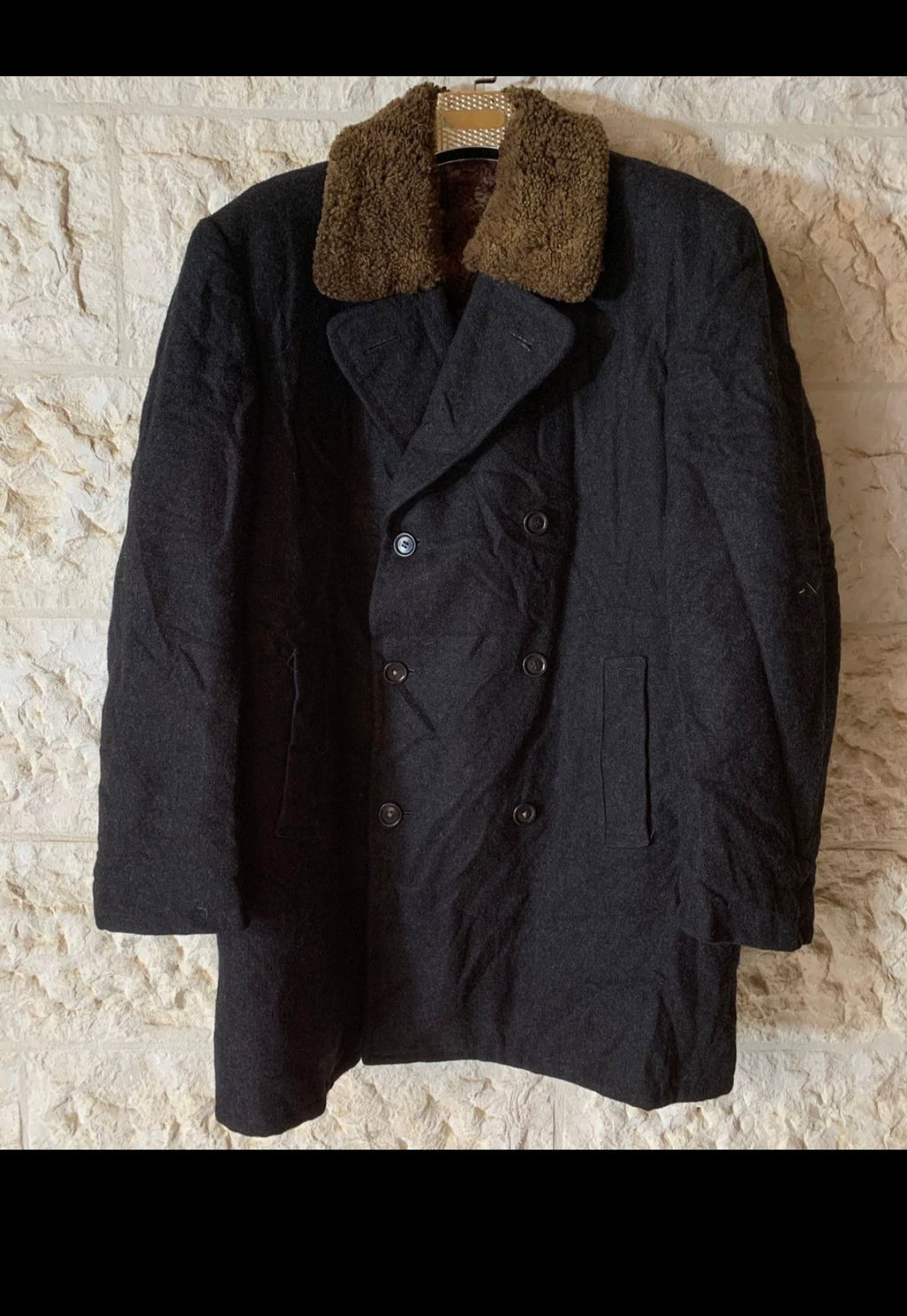 1970s Vintage Pure Wool belted charcoal double breasted over coat 46R 46L XL