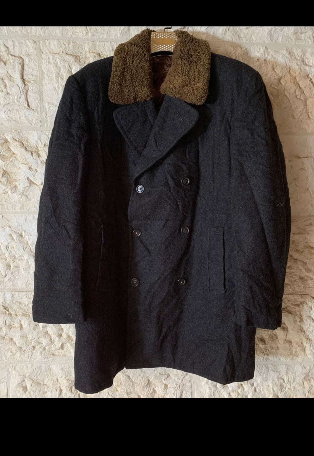 1970s Vintage Pure Wool belted charcoal double breasted over coat 46R 46L XL