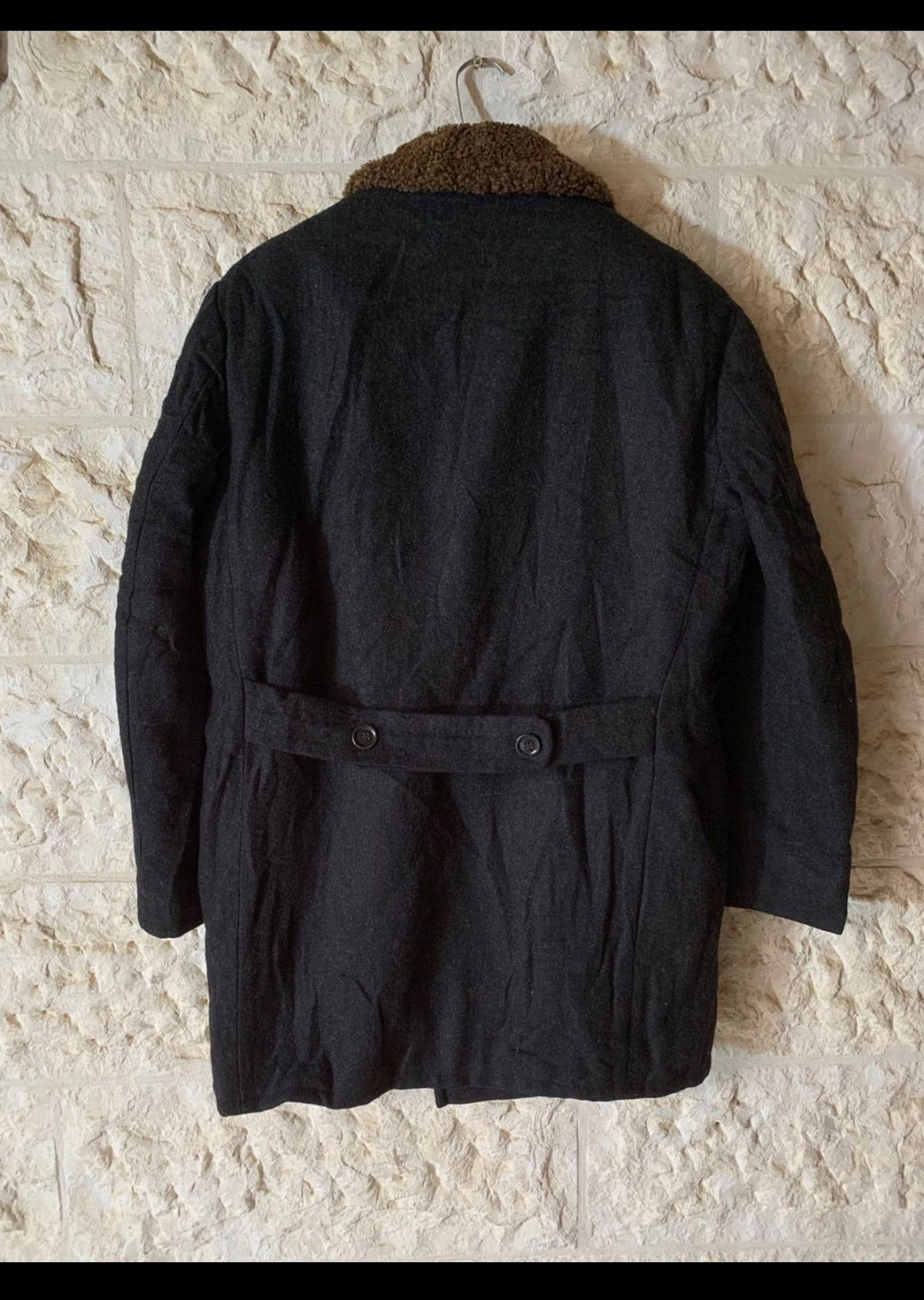 1970s Vintage Pure Wool belted charcoal double breasted over coat 46R 46L XL