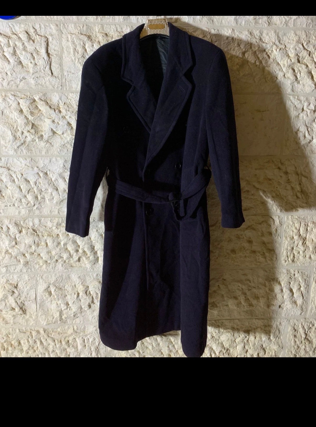 Vintage Hugo Boss pure Wool belted Navy double breasted long over coat 50R 2XL