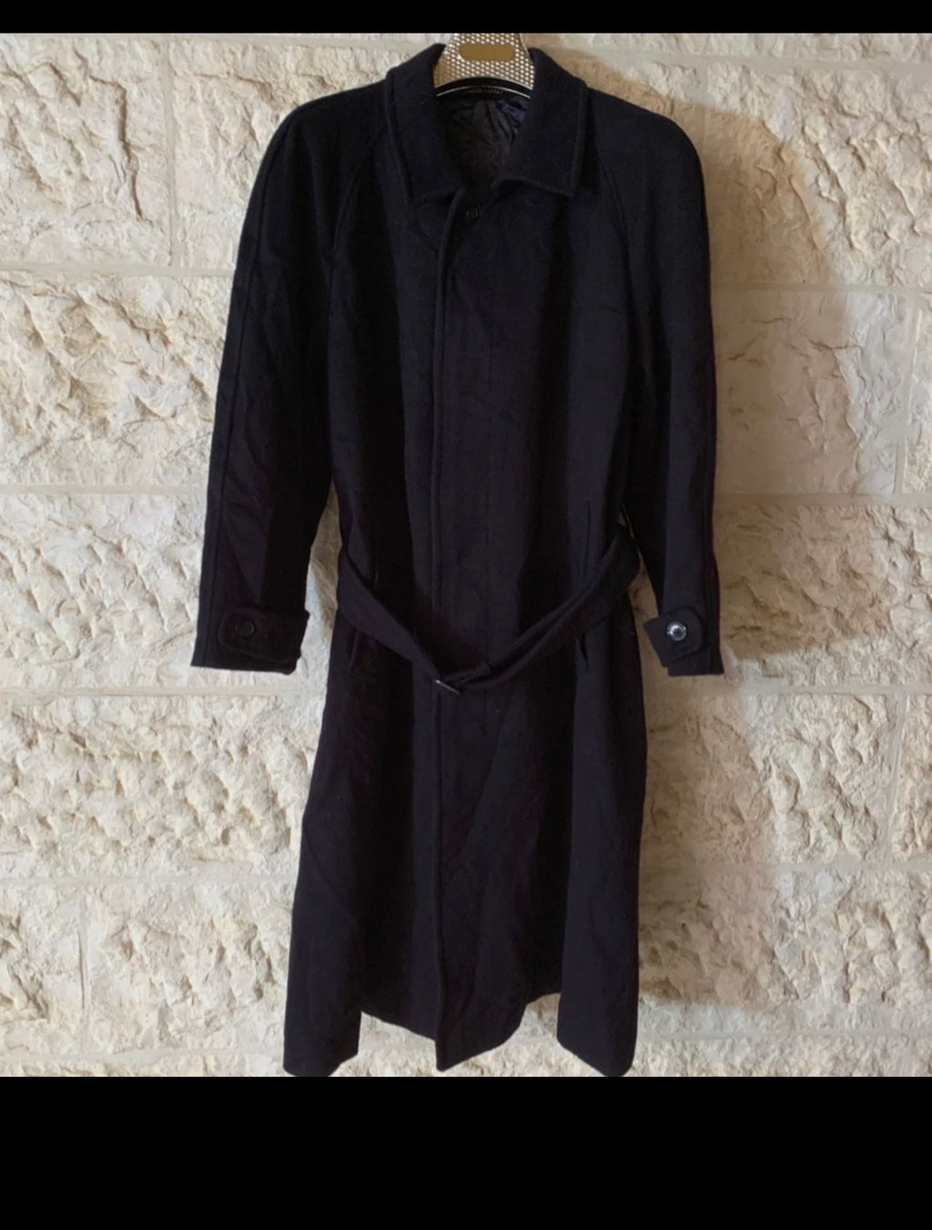 Vintage Valmeline pure wool belted navy classic long raglan over coat 46S 46R XL