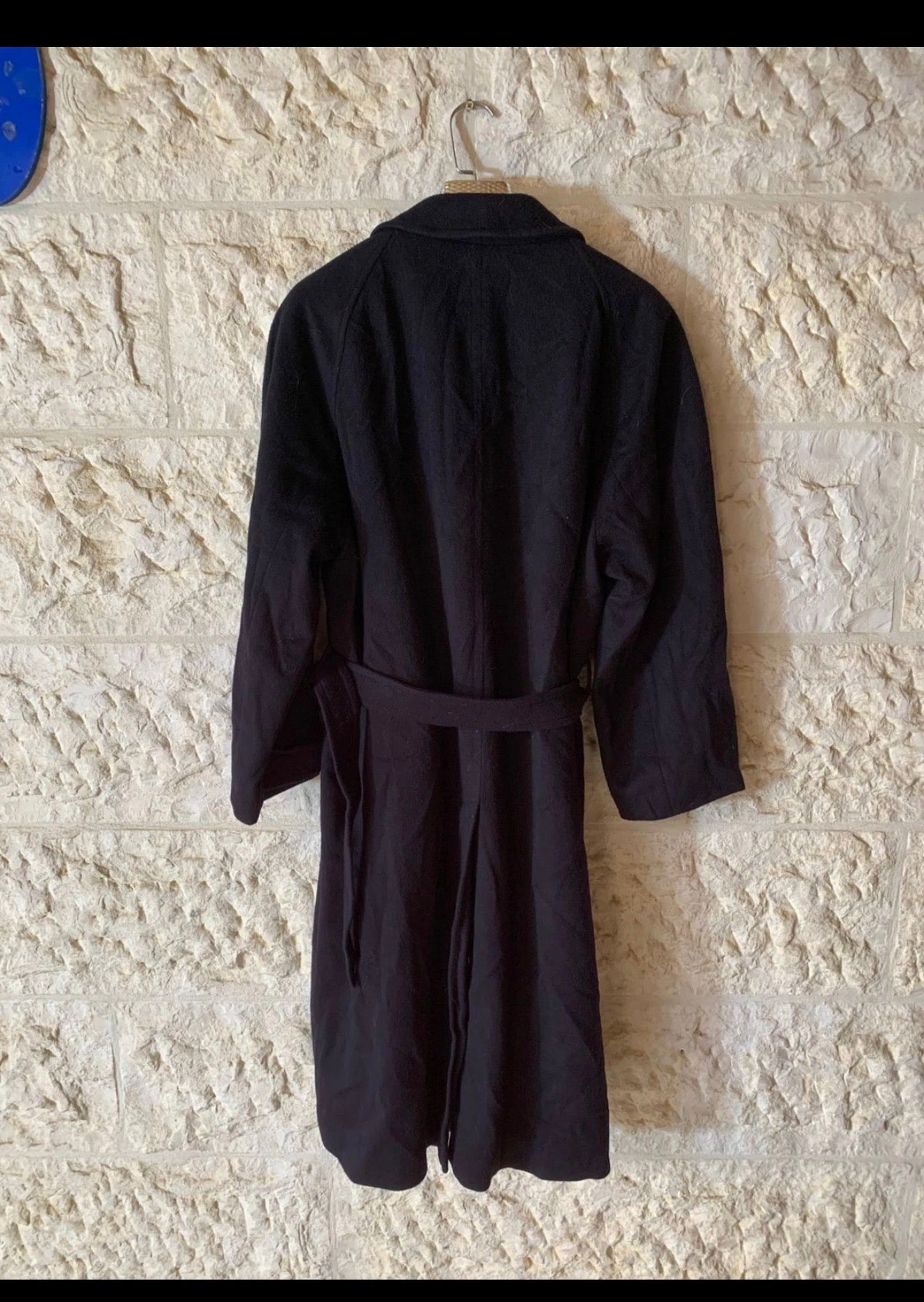 Vintage Valmeline pure wool belted navy classic long raglan over coat 46S 46R XL