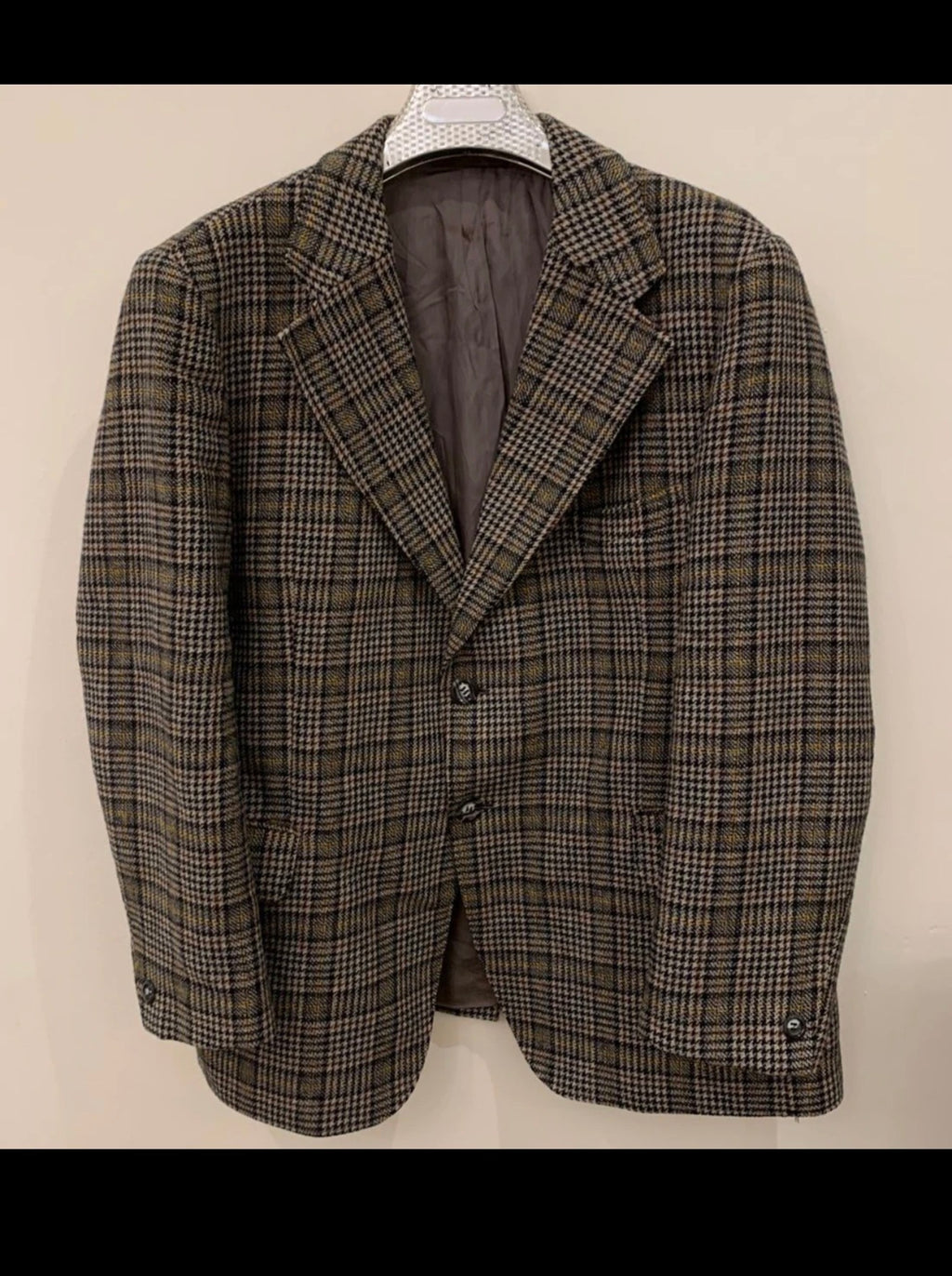 1970s vintage pure wool handwoven tweed classic glen check jacket blazer 46R XL