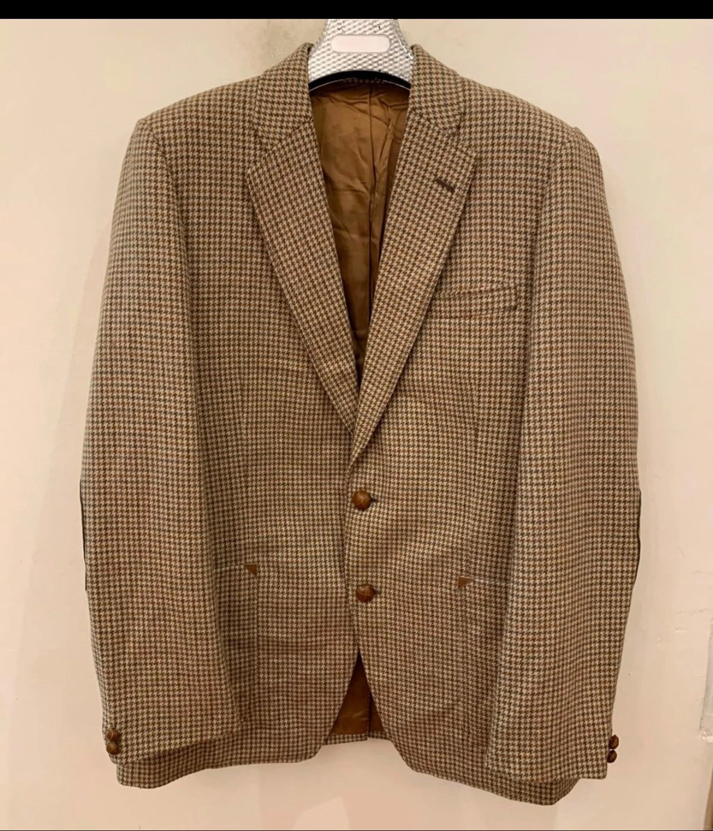 1970s Vintage houndstooth pure wool tweed brown hunting jacket blazer 42L