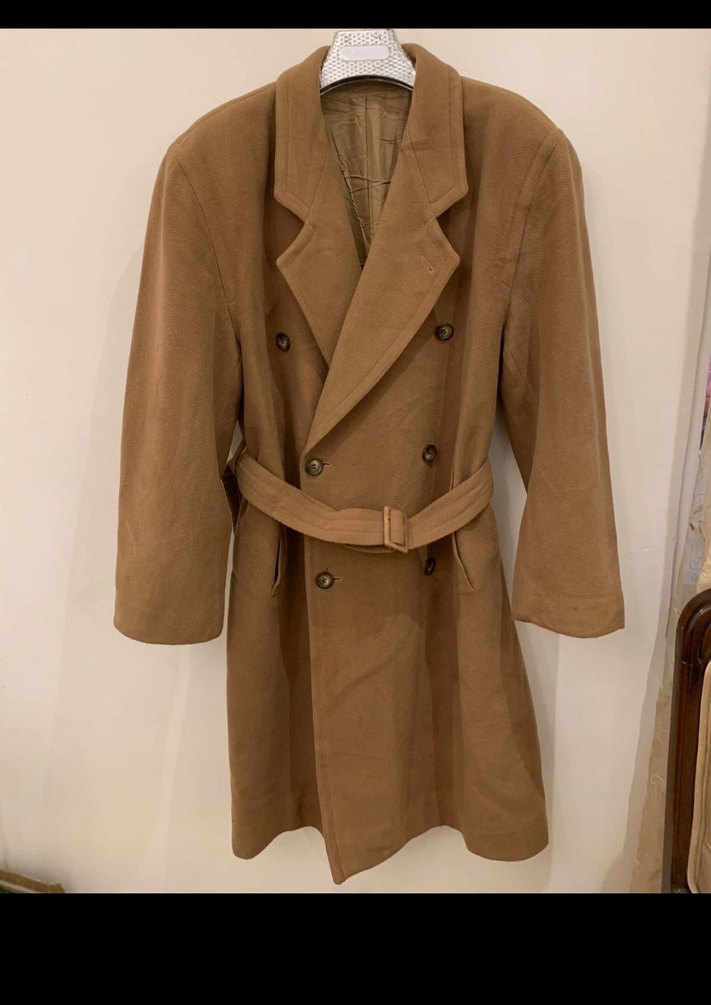 Vintage wool blend camel beige belted double breasted classic over coat 46R XL
