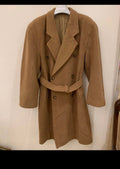 Vintage wool blend camel beige belted double breasted classic over coat 46R XL