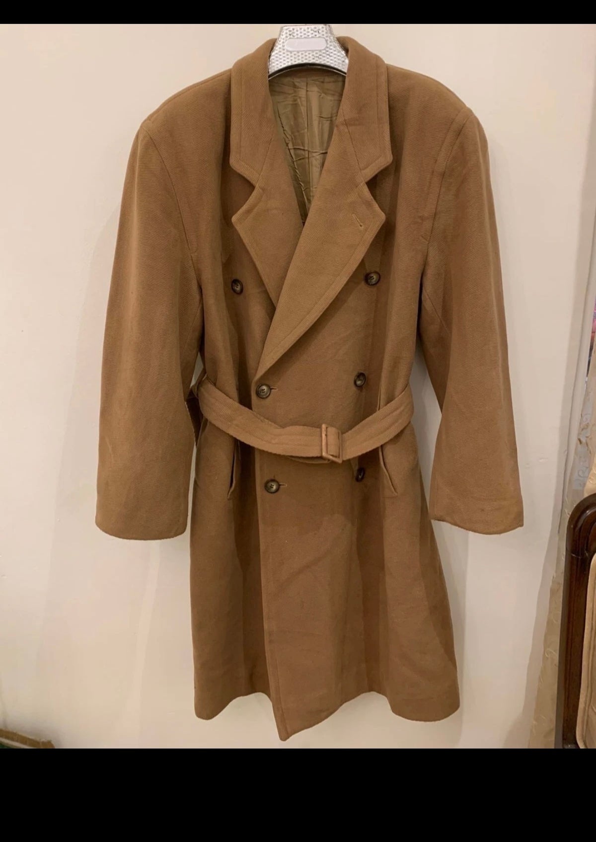 Vintage wool blend camel beige belted double breasted classic over coat 46R XL