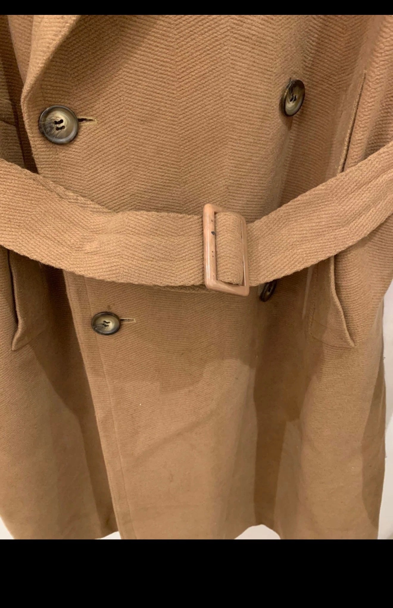 Vintage wool blend camel beige belted double breasted classic over coat 46R XL