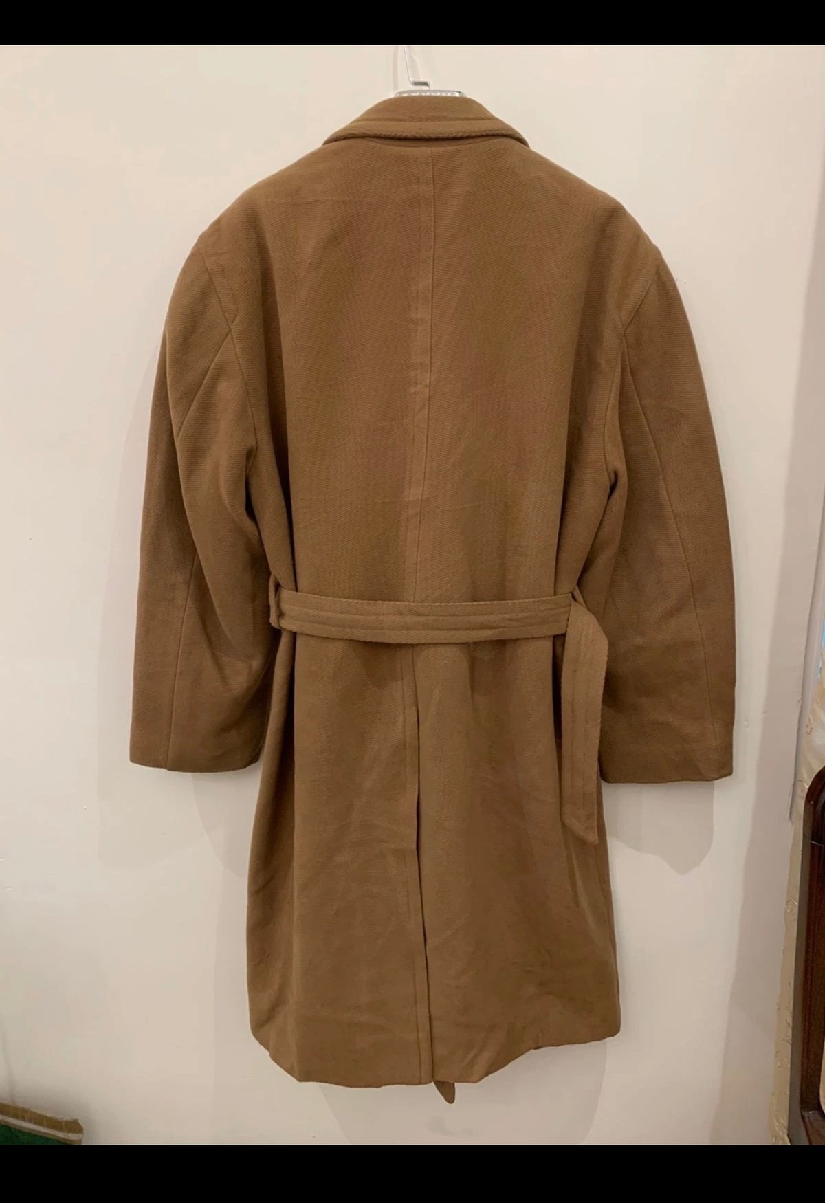 Vintage wool blend camel beige belted double breasted classic over coat 46R XL