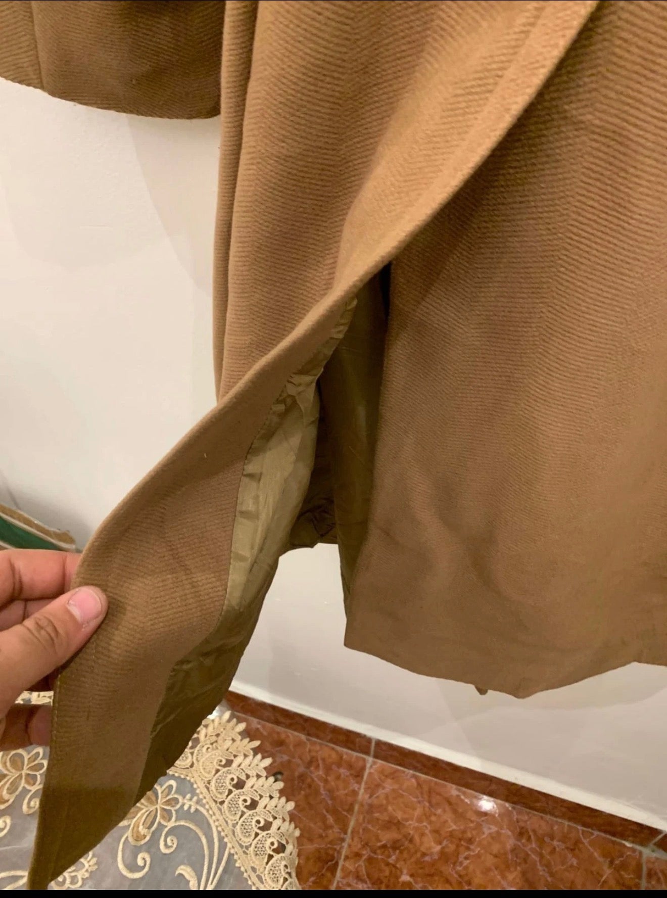 Vintage wool blend camel beige belted double breasted classic over coat 46R XL