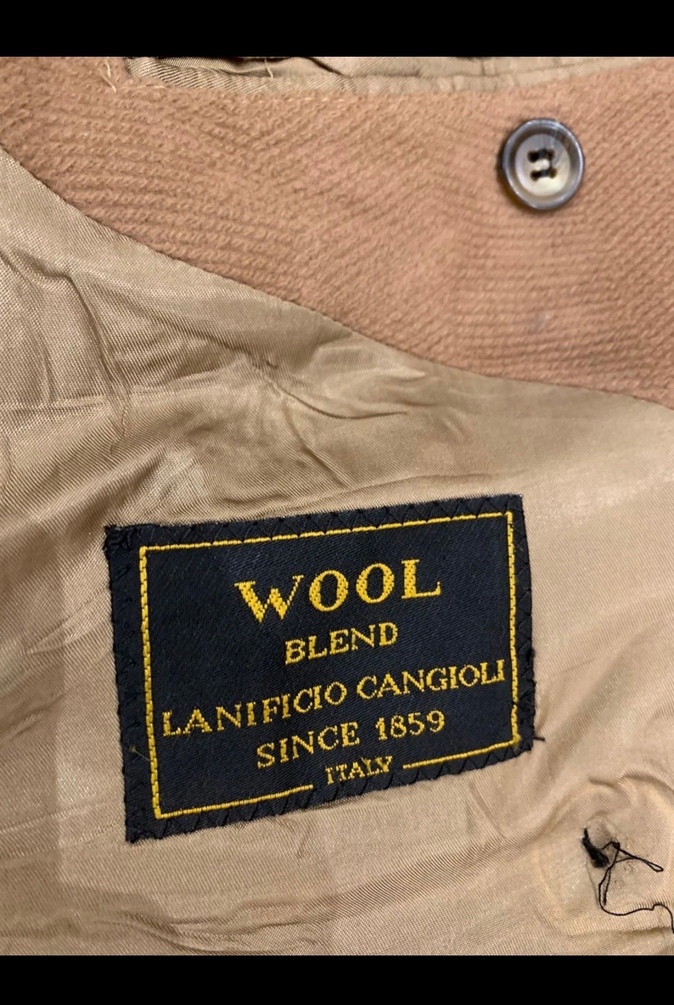 Vintage wool blend camel beige belted double breasted classic over coat 46R XL