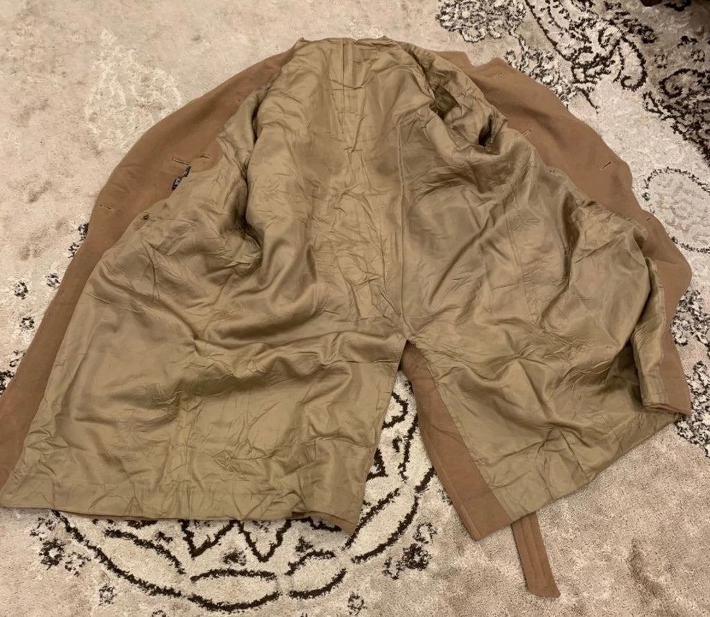 Vintage wool blend camel beige belted double breasted classic over coat 46R XL