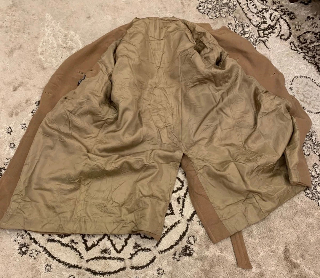 Vintage wool blend camel beige belted double breasted classic over coat 46R XL