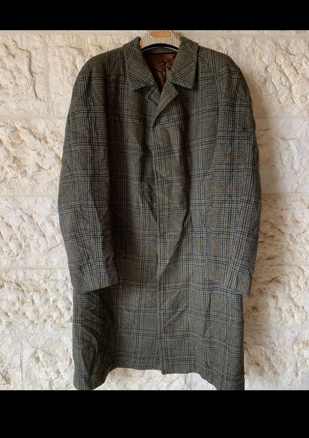 1970s Vintage pure wool glen check classic raglan green over coat 46L 46R XL