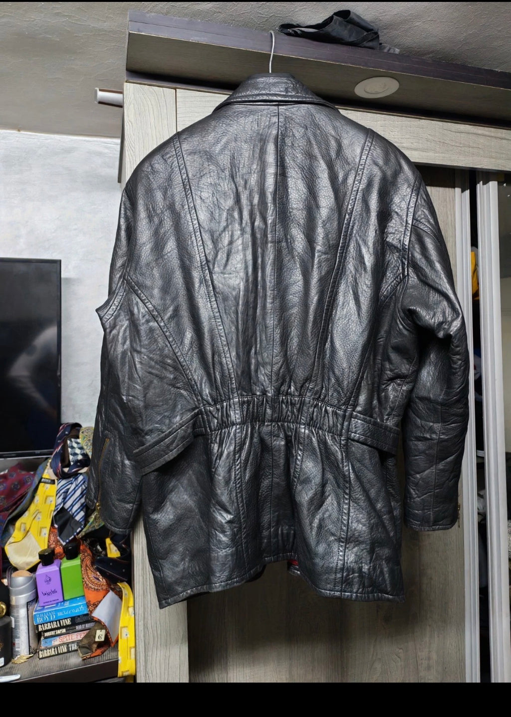 Vintage Real Genuine Leather classic belted black jacket sweater 40R 40S