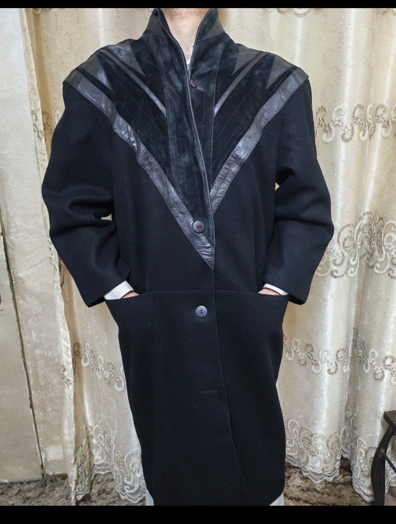 Vintage David Benjamin pure wool Leather trim classic long over coat 13 L 44
