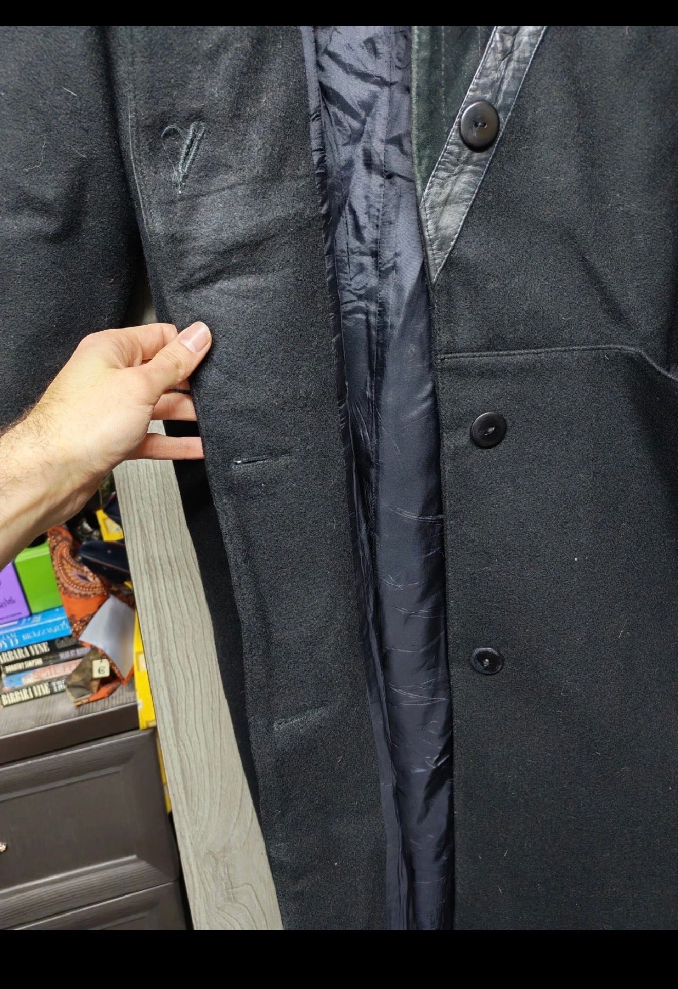 Vintage David Benjamin pure wool Leather trim classic long over coat 13 L 44