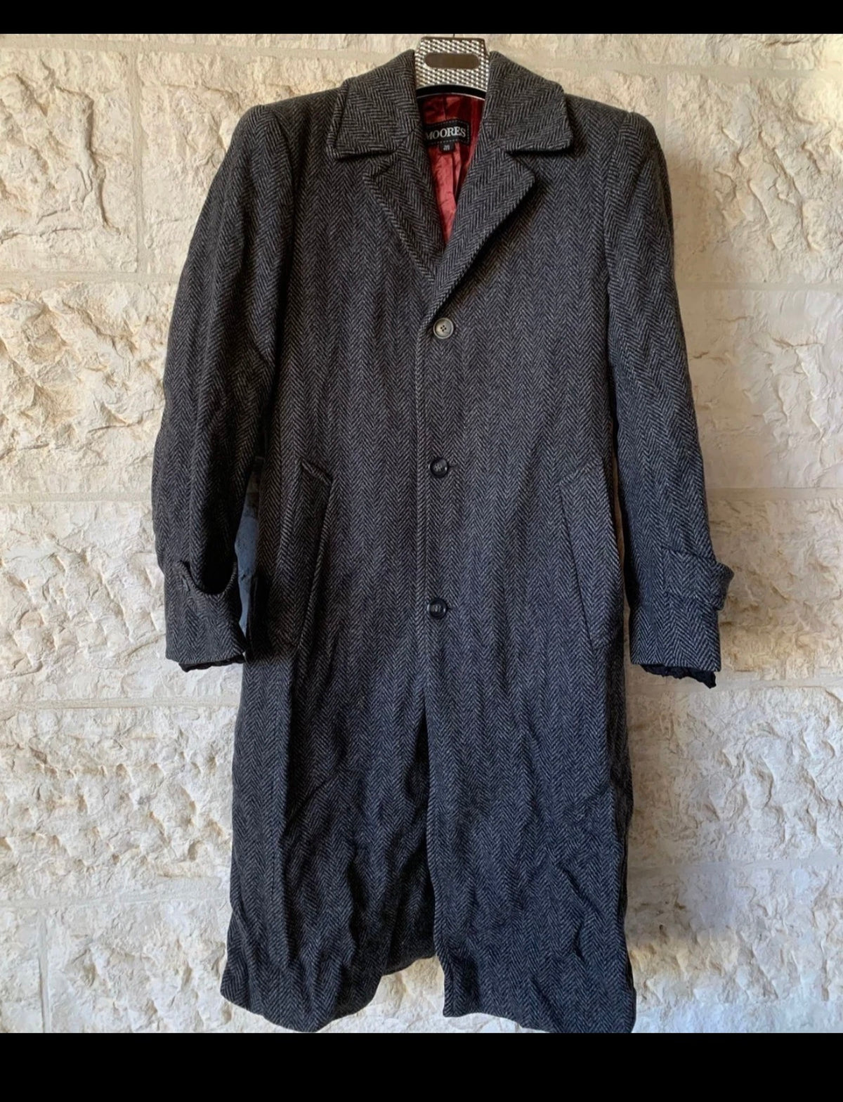 Vintage pure wool handwoven tweed herringbone charcoal classic over coat 36R