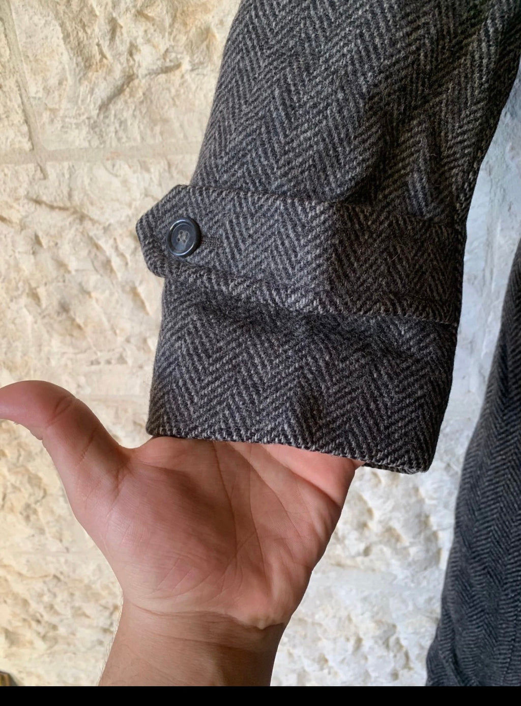 Vintage pure wool handwoven tweed herringbone charcoal classic over coat 36R