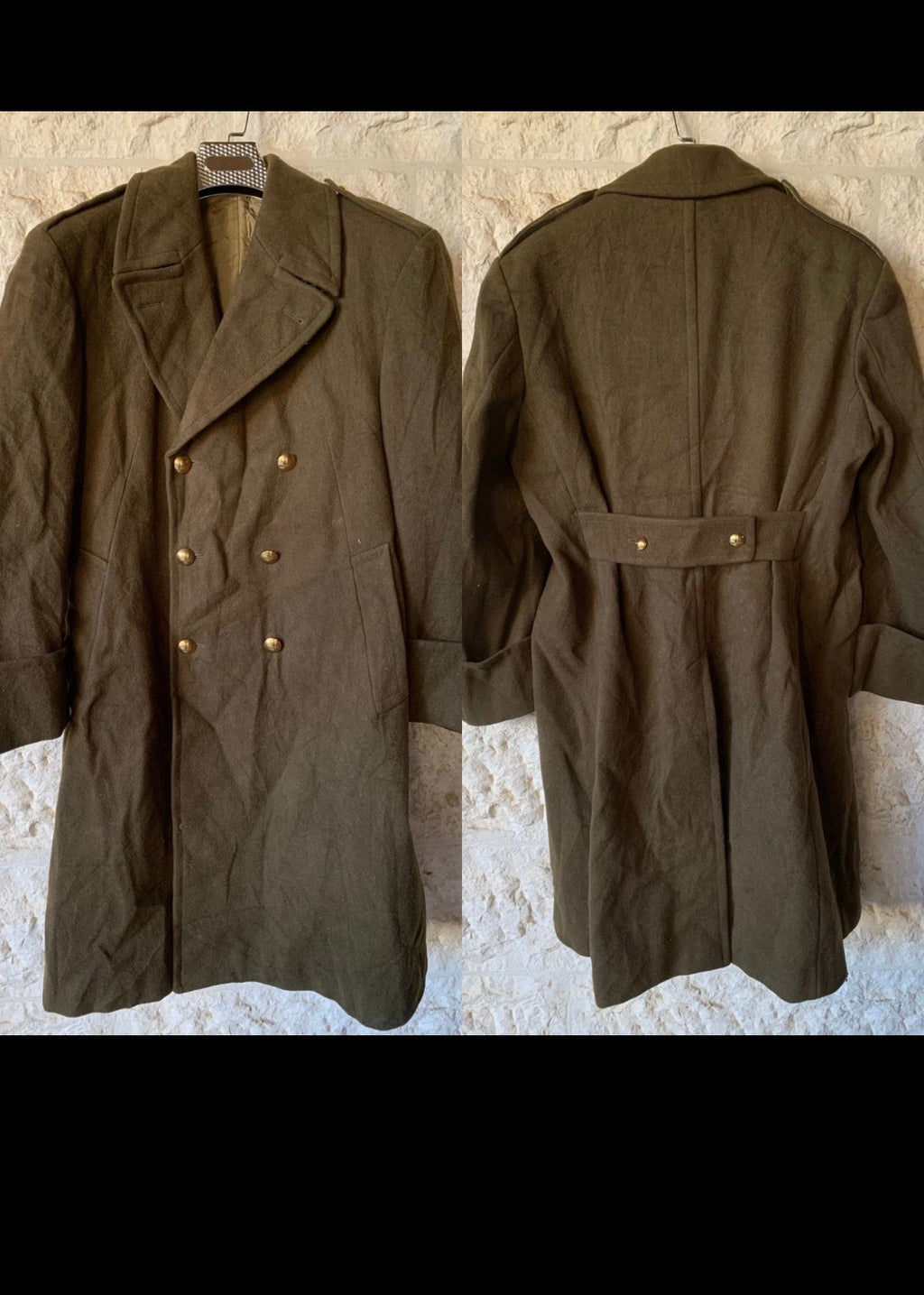 1970s Vintage pure woollen wool army db gold button belted green greatcoat 42R