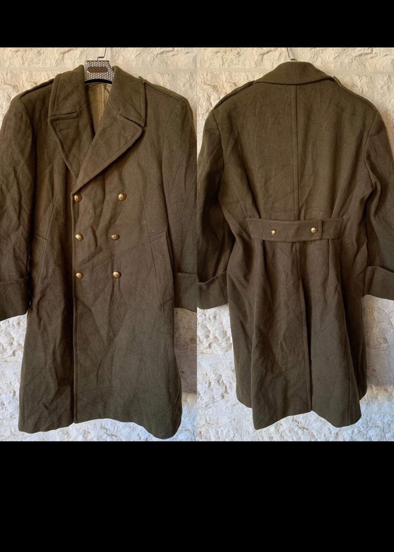 1970s Vintage pure woollen wool army db gold button belted green greatcoat 42R