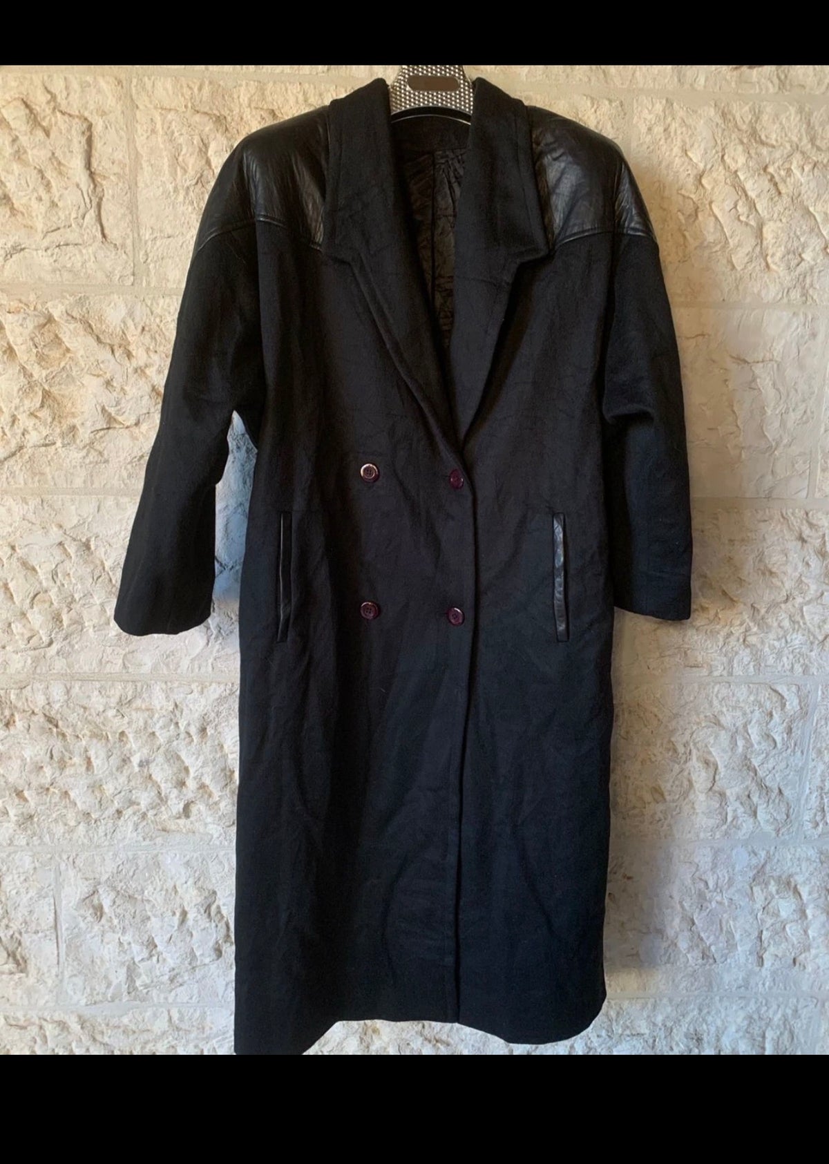 Vintage pure wool Leather trim classic belted double breasted over coat 16 XL 46
