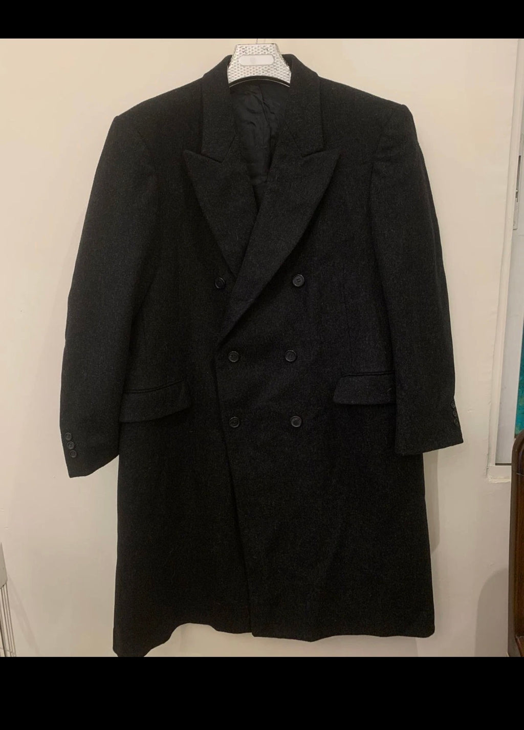 Vintage Nino Cerruti pure wool double Breasted gangster Black overcoat 46R XL