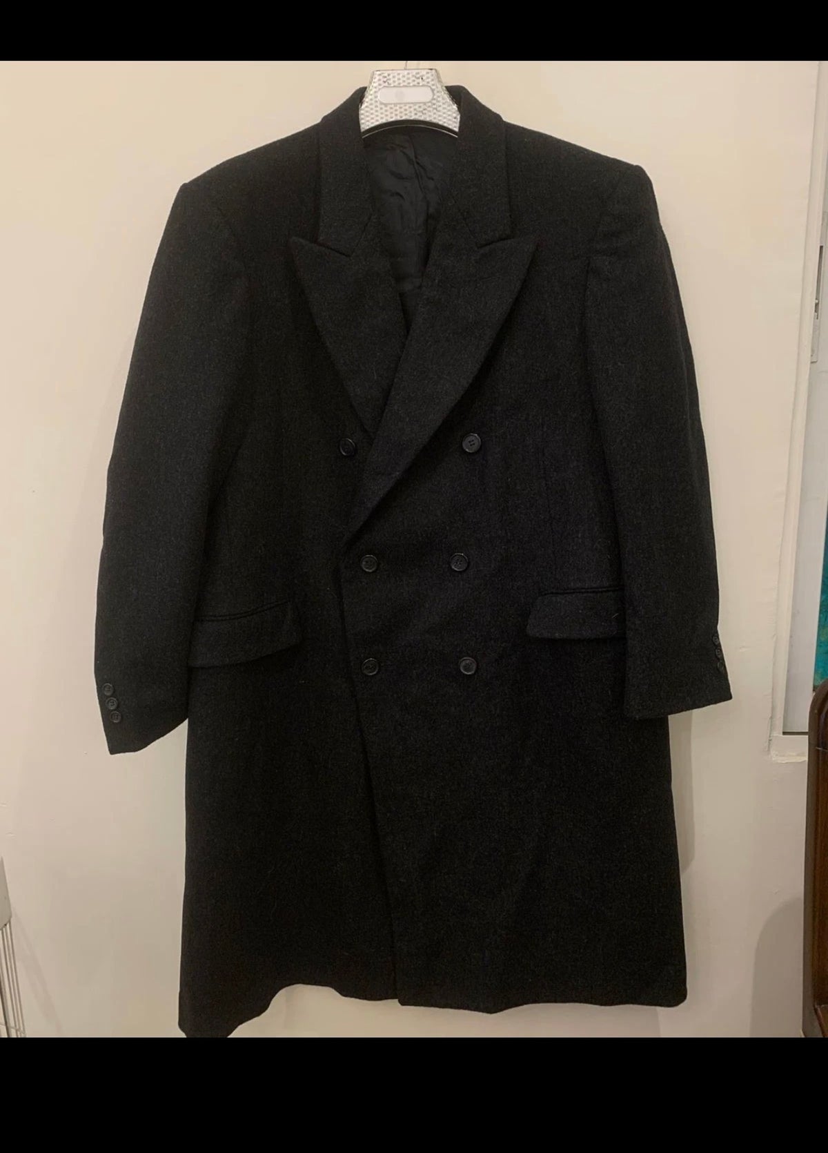 Vintage Nino Cerruti pure wool double Breasted gangster Black overcoat 46R XL