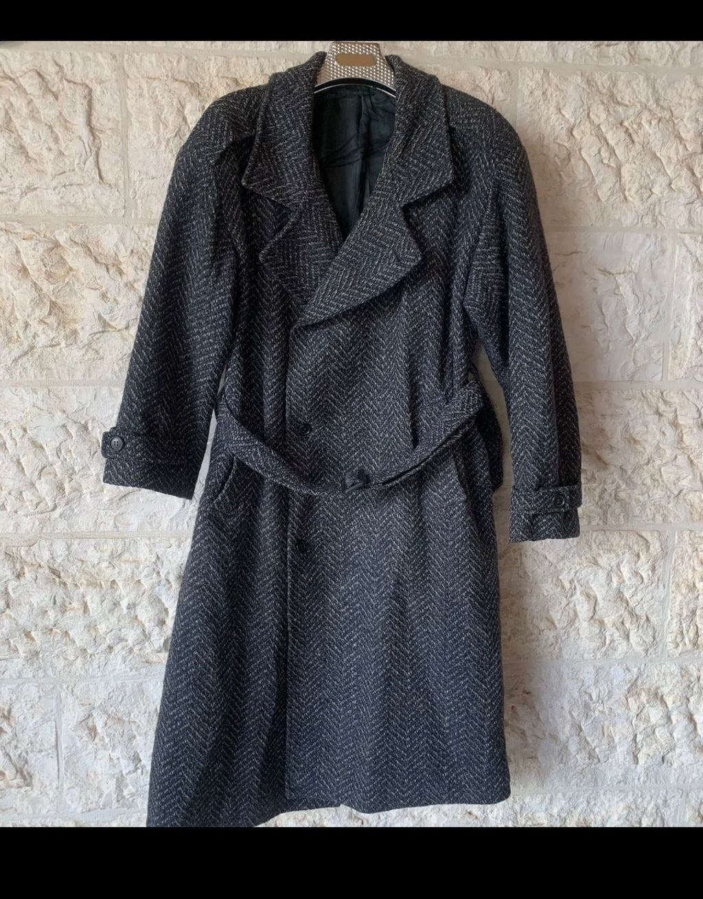 Vintage pure wool tweed belted herringbone classic over coat 46R 46S XL
