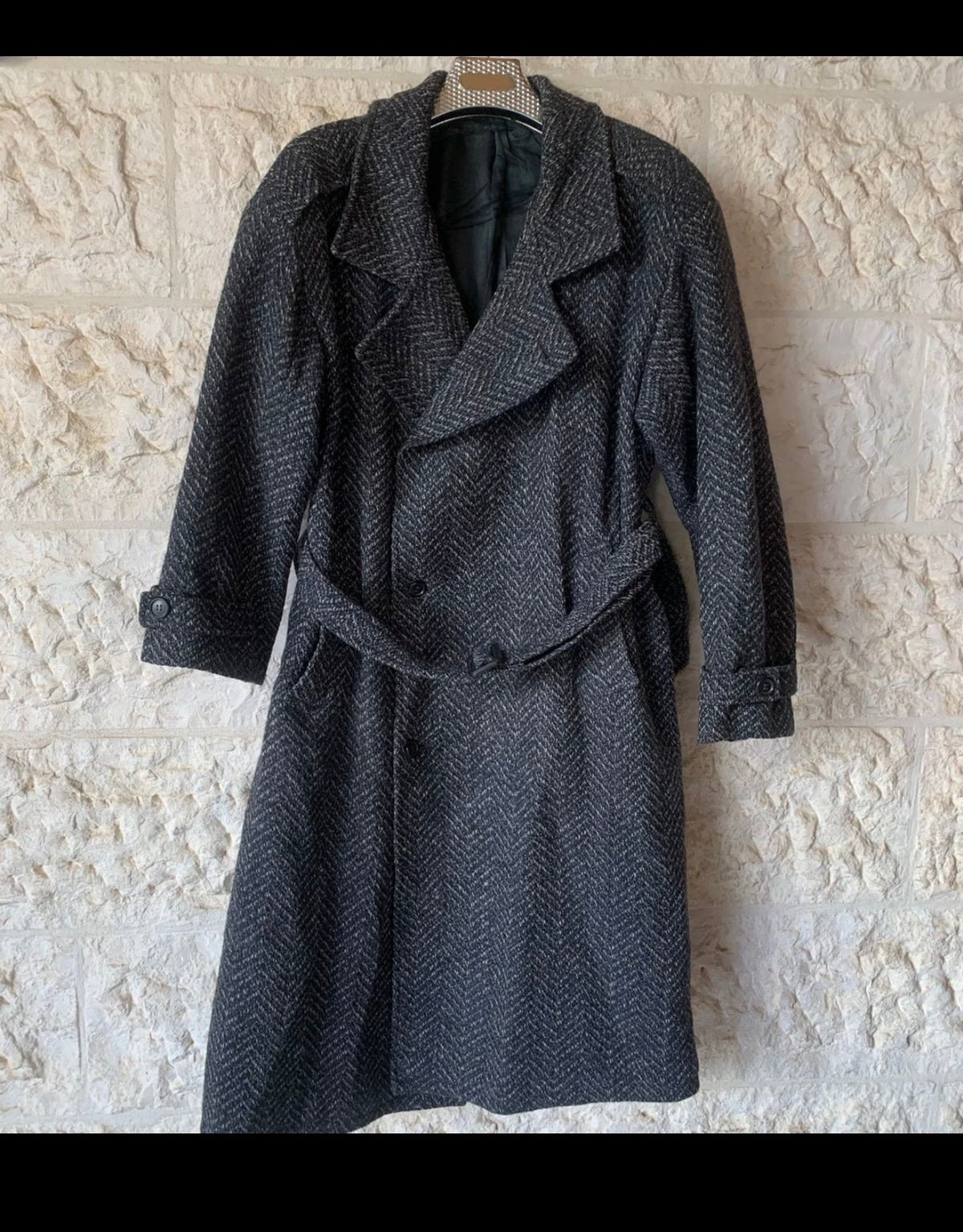 Vintage pure wool tweed belted herringbone classic over coat 46R 46S XL