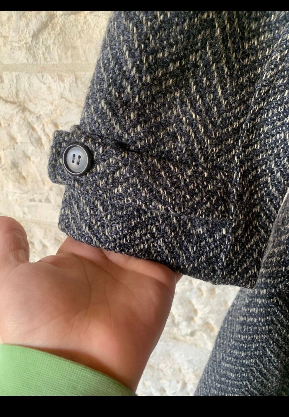 Vintage pure wool tweed belted herringbone classic over coat 46R 46S XL